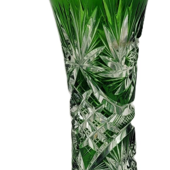 Vintage German Emerald Green Cut-to-Clear Crystal Tapered Vase | 1950s-60s - Picture 8 of 8